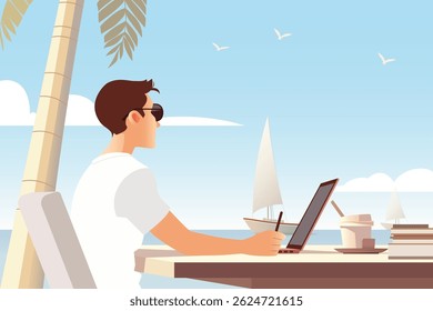 Ilustração vetorial plana de um nômade digital moderno sentado em uma praia tropical e uma palmeira, digitando em um laptop elegante, oceano ao fundo
