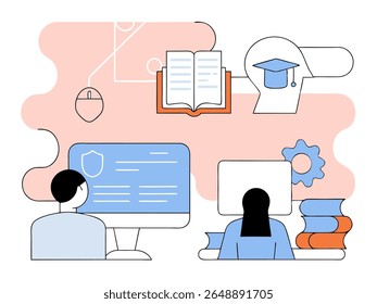 Flat vector illustration of a modern digital classroom with interactive screens and digital learning tools. Ideal for concepts like e-learning and smart education.