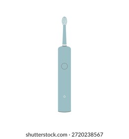 Flat vector illustration of a modern electric toothbrush in a muted dusty blue. The handle is cylindrical with a circular button in the center and a small white power symbol near the bottom. The thin neck leads to an oval brush head with evenly spaced white bristles on a light-blue base. The toothbrush stands upright in an off-white, puck-shaped charging base. Perfect for personal care, hygiene, wellness, or daily routine-themed graphics.