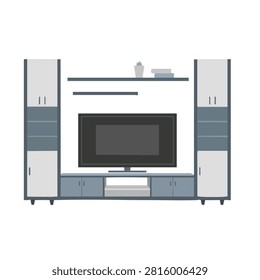 Flat vector illustration of a modern entertainment center with storage cabinets and a television screen.