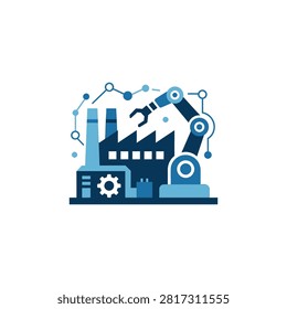 Flat vector illustration of a modern factory building integrated with an industrial robotic arm and data connectivity lines