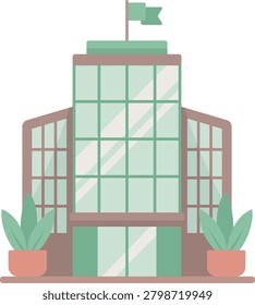 A flat vector illustration of a modern glass skyscraper corporate building facade featuring a flag on top, potted plants at the entrance, and a clean minimalist design. Perfect for business, real estate, and urban architecture concepts.