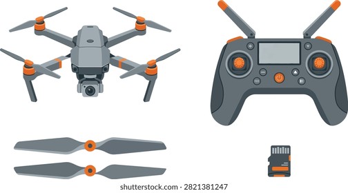 A flat vector illustration of a modern gray and orange drone, its remote controller, spare propellers, and a small memory card isolated on white.
