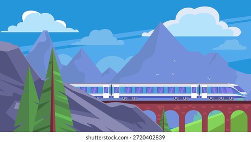 Flache Vektorgrafik moderner Hochgeschwindigkeitszüge, die Steinbrücke in der Berglandschaft überqueren. Szenischer Bahnreisehintergrund mit blauem Himmel, Wolken, Wald und alpiner Natur.