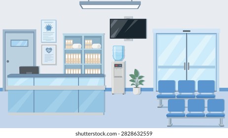 Flat vector illustration of a modern hospital reception and waiting room with desk, chairs, medical shelves, water dispenser, monitor, glass doors, and plant.