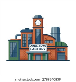 Flat vector illustration of a modern industrial factory building with clock tower and chimneys isolated on white background