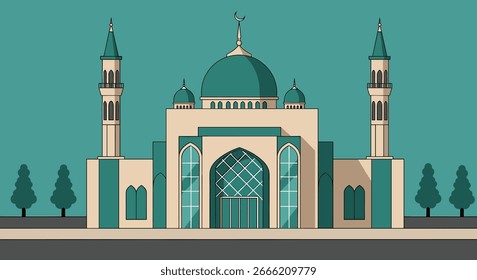 Flat vector illustration of a modern Islamic mosque with green dome and minarets, front view, Islamic architecture design
