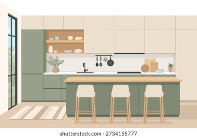 Flat vector illustration of a modern kitchen interior with green cabinets, kitchen island, bar stools, dishes and plants. Cozy minimalist home kitchen scene for web, apps and interior design projects.