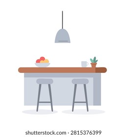 Flat vector illustration of a modern kitchen island counter featuring two bar stools, a fruit bowl, a mug, and a potted plant under a single pendant lamp.