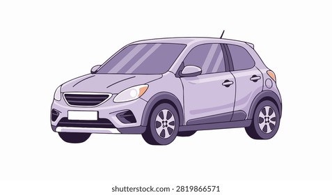 Flat vector illustration of a modern light purple subcompact hatchback car isolated on a white background. Features include side profile, alloy wheels, and a compact body design.
