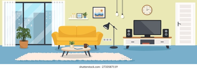 Flache Vektorgrafik eines modernen Wohnzimmerinnenraums mit Sofa, TV, Couchtisch, Pflanzen und Dekor. Gemütliche Home Apartment Szene für Web-Design, UI, Apps und Präsentationen.