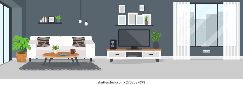 Flache Vektorgrafik eines modernen Wohnzimmerinnenraums mit weißem Sofa, Fernseher, Couchtisch, Pflanzen und Dekor. Gemütliche minimalistische Apartmentszene für Webdesign, Apps und Präsentationen.