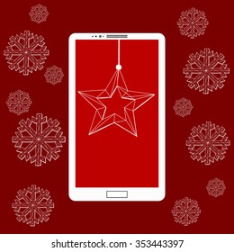 Flat vector illustration of modern Mobile phone with Christmas decoration. The structural grid of polygons. Abstract Creative concept background. Christmas ornaments hanging rope