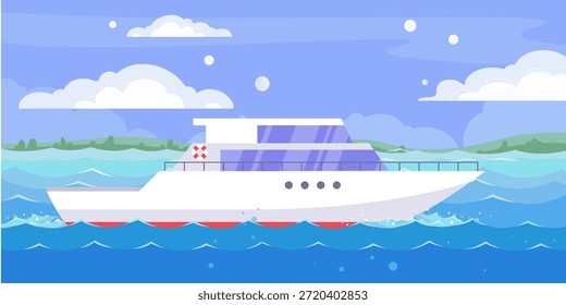 Ilustração de vetor plano do iate motor moderno cruzando em ondas do mar azul. Luxo cenário de viagem marinha com barco de velocidade, água do oceano, céu, nuvens e fundo náutico limpo.