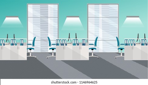Flat vector illustration of modern office room interior with large windows in skyscraper with furniture and computers. Open space for 6 people. Order on tables, document folders, light from windows