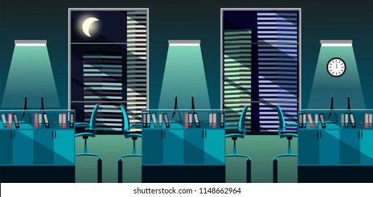 Flat vector illustration of modern office room interior with large windows in skyscraper with tables and PC at night. Open space for 6 people. Order on tables, document folders, turquoise moon light