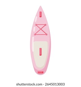 Ilustração vetorial plana de um moderno paddleboard stand-up rosa na vista superior com plataforma de deck e cabos de engrenagem dianteiros. Ideal para esportes aquáticos, verão ou temas ao ar livre. Transmite diversão, aventura e recreação.