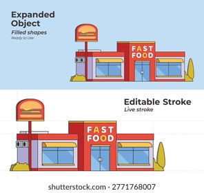 Flat Vector Illustration of Modern Restaurant, Diner, Cafe, and Fast Food Building Facade with Editable Stroke