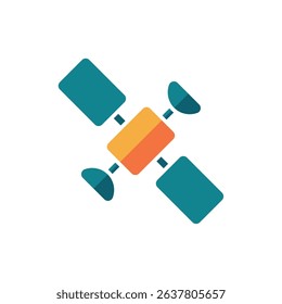 A flat vector illustration of a modern satellite in flight, featuring two teal solar panels and antennae connected to an orange central body against white backdrop.