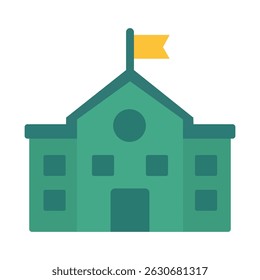 Flat vector illustration of modern school building with red brick exterior, large windows, flagpole, and front yard – back to school and education concept