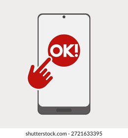 Flat Vector Illustration of a Modern Smartphone with a Large Red OK Button and a Hand Cursor Icon on the Screen Representing Success, Confirmation, Positive Response, and User Agreement
