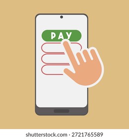 Flat Vector Illustration of a Modern Smartphone with a Green PAY Button and a Hand Cursor Icon on the Screen Representing Online Payment, Digital Transaction, and E-commerce Checkout