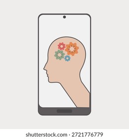 Flache Vektorgrafik eines modernen Smartphones mit einer menschlichen Silhouette mit ineinandergreifenden Zahnrädern im Kopf, die künstliche Intelligenz, maschinelles Lernen und Logik darstellen