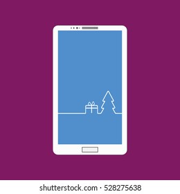 Flat vector illustration of modern smartphone touchscreen with a picture of the Christmas Design interface. Merry Christmas background with Christmas tree and gift.