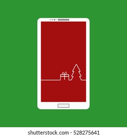Flat vector illustration of modern smartphone touchscreen with a picture of the Christmas Design interface. Merry Christmas background with Christmas tree and gift.