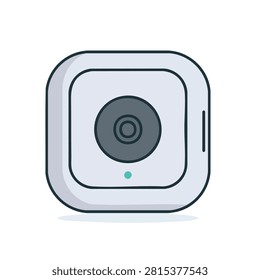 A flat vector illustration of a modern square home security camera with a central lens and status light indicator on a white background.