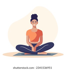 Ilustración vectorial plana de estilo moderno. Chica feliz haciendo yoga, meditando en la pose del loto.