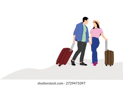 Flat vector illustration of a modern travel couple walking together with suitcases. Ideal for tourism, vacation, holiday, travel planning, relationship, and lifestyle concepts. Isolated on white background.