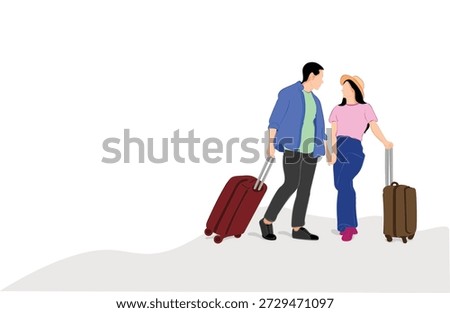 Flat vector illustration of a modern travel couple walking together with suitcases. Ideal for tourism, vacation, holiday, travel planning, relationship, and lifestyle concepts. Isolated on white background.