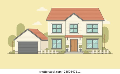Flat vector illustration of a modern two story suburban family home with a brown roof and a separate garage.
