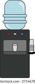 Ilustração de vetor plano de um dispensador de água moderno com uma grande garrafa de galão azul no topo e um corpo preto.