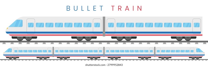 Flat vector illustration of a modern white bullet train on tracks. Includes a close-up and full-length version of the high-speed express train. Ideal for travel and transport concepts.