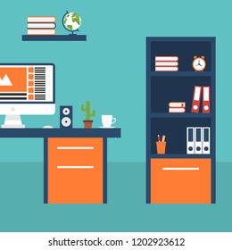 Flat Vector Illustration of a Modern Workplace in Room, Work Office with Desk, Laptop, Bookshelf and Table with Different Equipment, Elements, Objects, Books, File Folders, Wall Watch, Globe and Clock