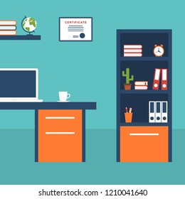 Flat Vector Illustration of a Modern Workplace in Room, Work Office with Desk, Laptop, Bookshelf and Table with Different Equipment, Elements, Objects, Books, File Folders, Wall Watch, Globe and Clock