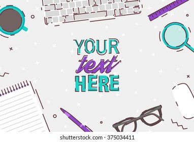 Flat vector illustration of modern workspace. Top view of desk background with laptop, documents and office objects. Business Strategy Planning Corporate Concept