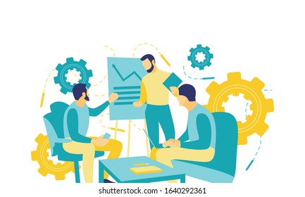 Flat vector illustration. Modern young men in formal outfits make business presentations using flipchart while working in the office. Illustration of a simple business concept.