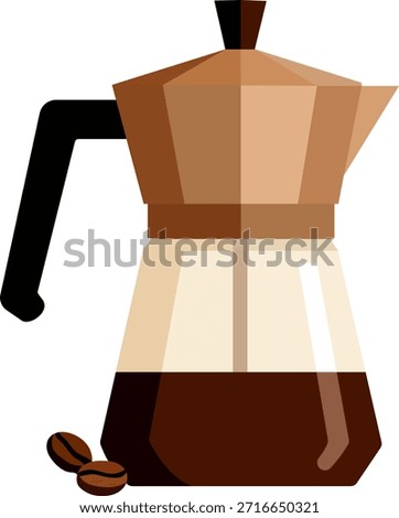 Flat vector illustration of a moka pot coffee maker. Represents coffee brewing, café culture, kitchen appliances, and hot beverages.