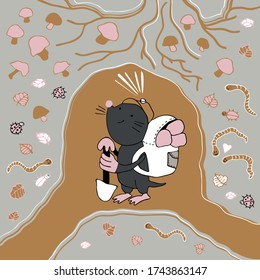 Flat vector illustration with mole underground. Worms leaves mushrooms doodle drawing. Сartoon character in kind cute childish style. Mole with a shovel in a hole.