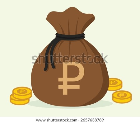 Flat vector illustration of money bag with Russian ruble symbol and gold coins, cartoon-style design, ideal for Russia finance, currency trade, and savings concepts