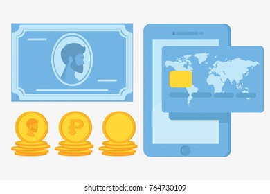 Flat vector illustration: money icon set - banknote, coins, credit card