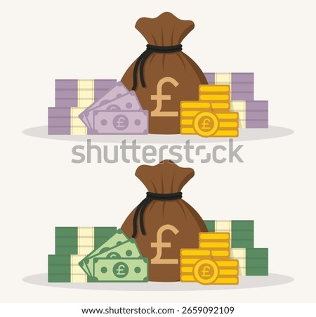 Flat vector illustration of money sack with pound symbol, purple and yellow British currency notes and coins, cartoon icon ideal for UK banking, financial, and business use