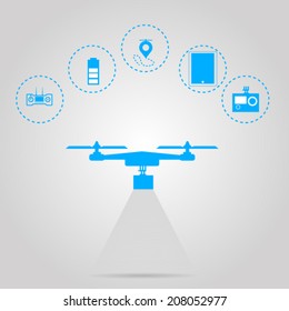 Flat vector illustration for monitoring with quadrocopter. Flat vector illustration with circle blue icons for monitoring with quadrocopter on gray background.