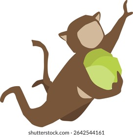 Flat vector illustration of a monkey holding a coconut in a playful pose. Perfect for tropical themes, jungle character sets, sticker designs, or children’s content.