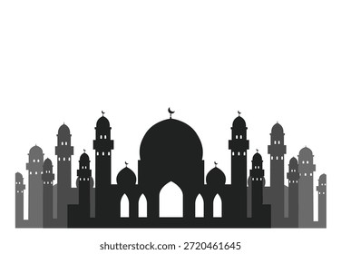 Ilustração vetorial plana de uma cena monocromática de mesquita com uma silhueta preta. Mesquita minarete, horizonte horizontal, Islã, espiritualidade, religião, exterior. Estrutura do edifício.