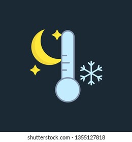 Flat vector illustration of the moon, stars, thermometer and snowflake. Modern forecast icon of a night cold winter weather. Meteorological symbol isolated on dark background.