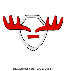 Flat vector illustration of moose horns attached to a wooden wall board. The horns are painted in red and white, creating the effect of the Canadian flag. Items to designate Canada. Animal horns